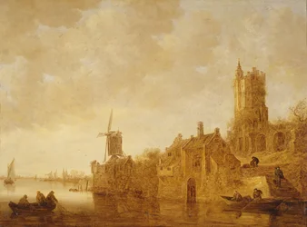 Rivierlandschap met windmolen en kasteelruïnes, 1644